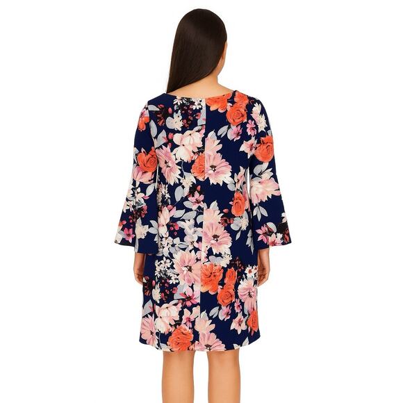 Eliza J Floral Print Shift Dress 12 Navy Blue Pink Bell Sleeve Wedding Guest - Picture 7 of 15